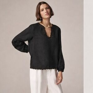 J Crew Bungalow Embroidered Top S Linen Dark Cottagecore Boho Effortlesss Flowy